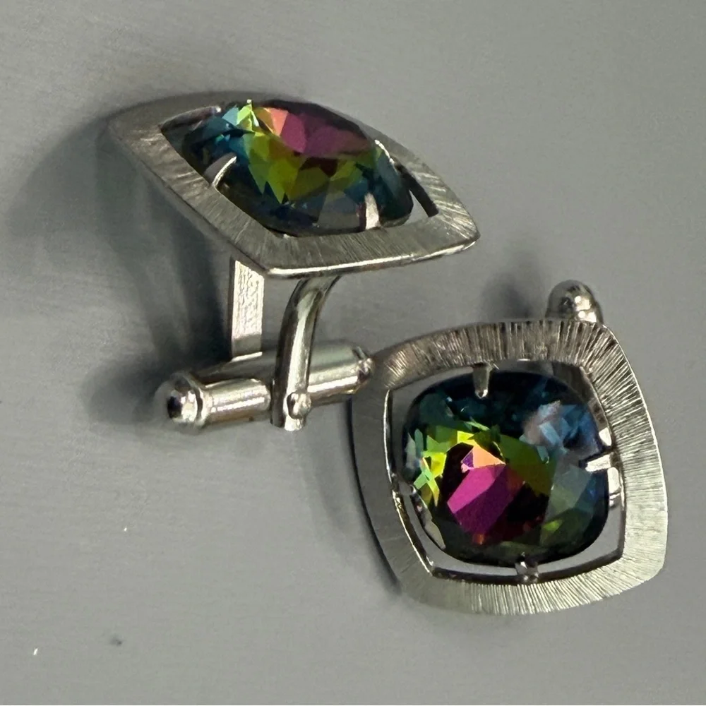 Vintage Anson Silver Set Watermelon Rhinestone Mid Century Modern Cufflinks